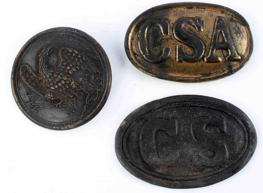 LOT OF 3 HEAVY METAL BELT BUCKLES CS CSA EAGLE: Includes: circular eagle buckle with two loops on back, CSA with brass wash, 3 loops at back, and CS buckle with smashed or loss of loops. Good condition. Unauthenticated, sold as is.