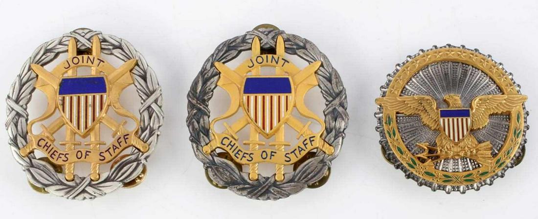 US ARMY JOINT CHIEF OF STAFF ID BADGE LOT OF 3: Includes two Joint Chief of Staff badges (2.25 inches) with open work design and sterling leaf wreath, Vanguard and NS Meyer makers, plus a circular nickel and enamel eagle with shield pin (2 inch), N