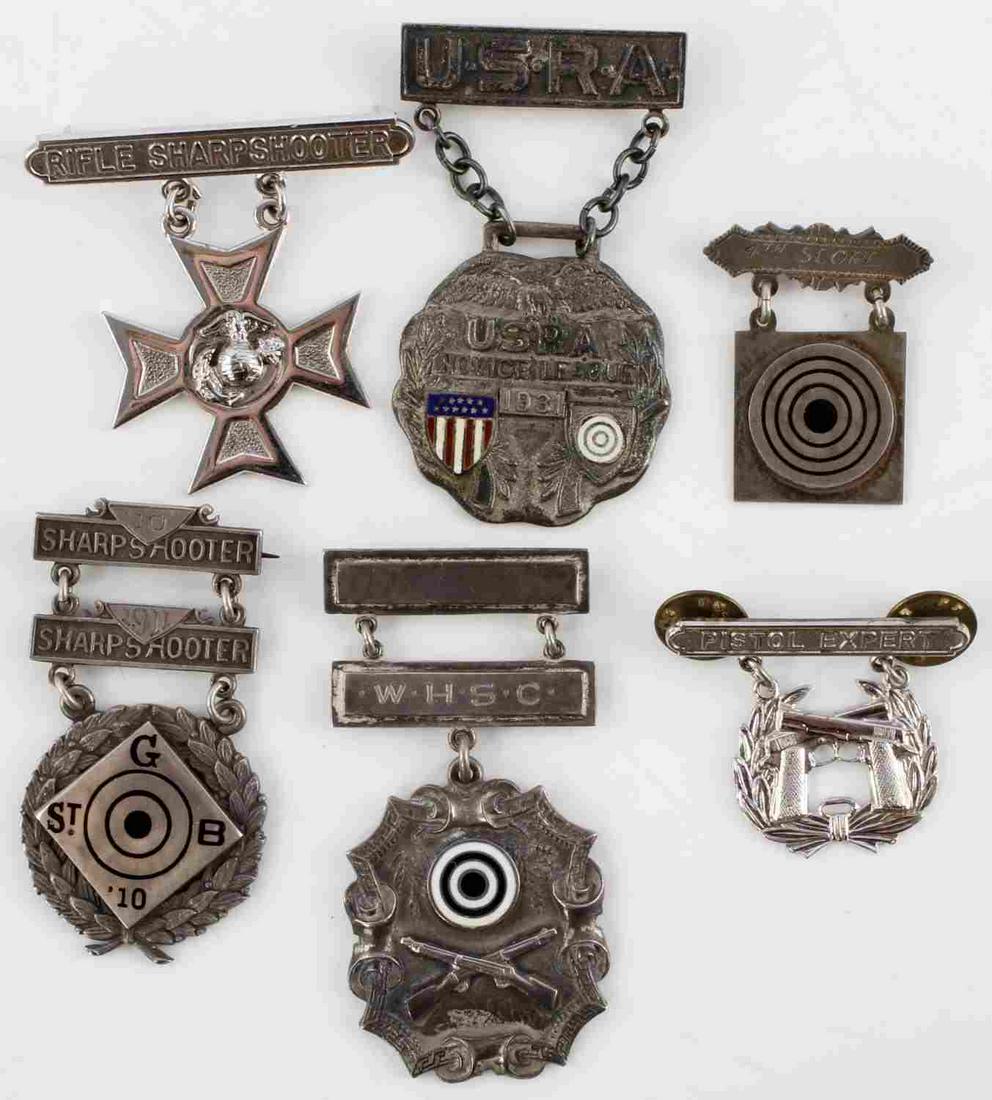 USMC MARINES & USRA SHARPSHOOTER STERLING MEDALS: Total sterling weight is 106 grams, 1911,1931, old Guard Company A Spanish American war medal and more, as photographed.