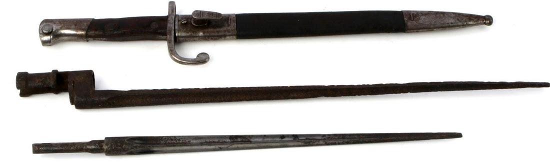 ANTIQUE BATTLEFIELD TURKISH AND FRENCH BAYONET LOT: One early 20th century Turkish Mauser Bayonet and two battlefield found quarter foil French bayonets. French bayonets are in excavation condition. The Turkish bayonet included with a stitched leather 