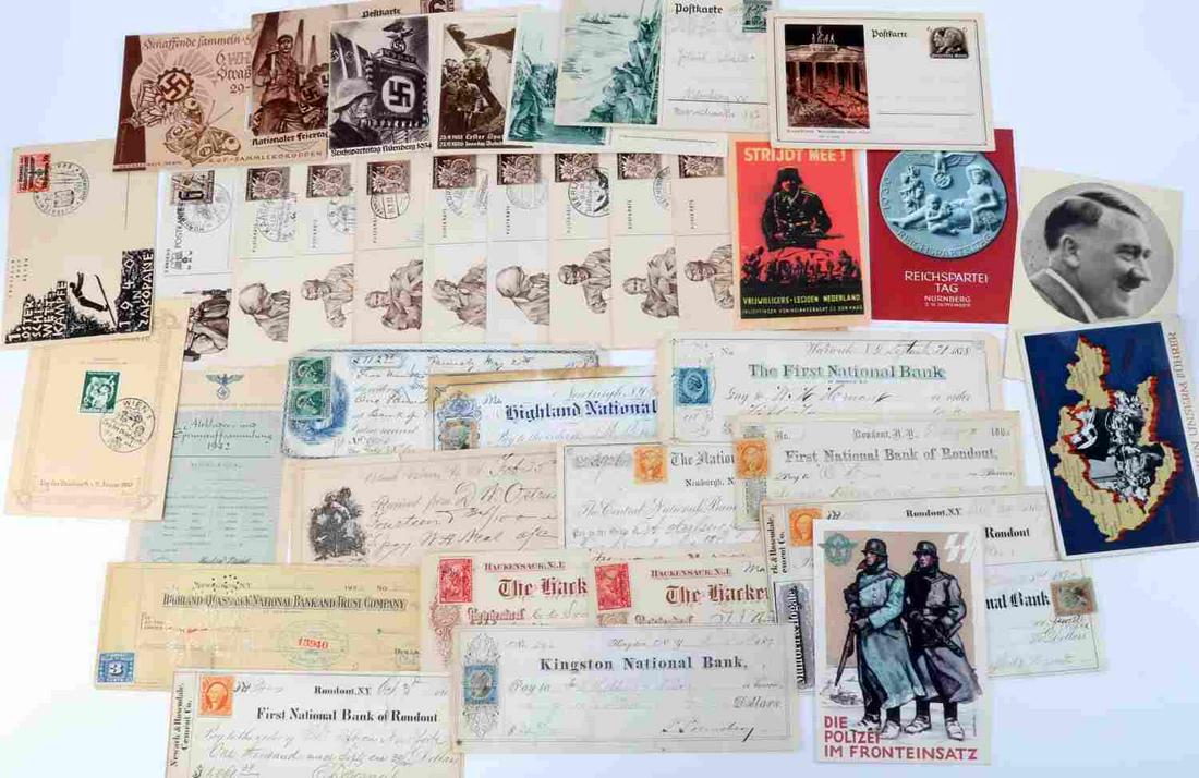 VARIETY OF WWII GERMAN REICH SS POST CARDS & STAMP: Variety of Third Reich postcards and stamps. Featured is propaganda from the SS, Adolf Hitler, RAD, and more. Very good condition.