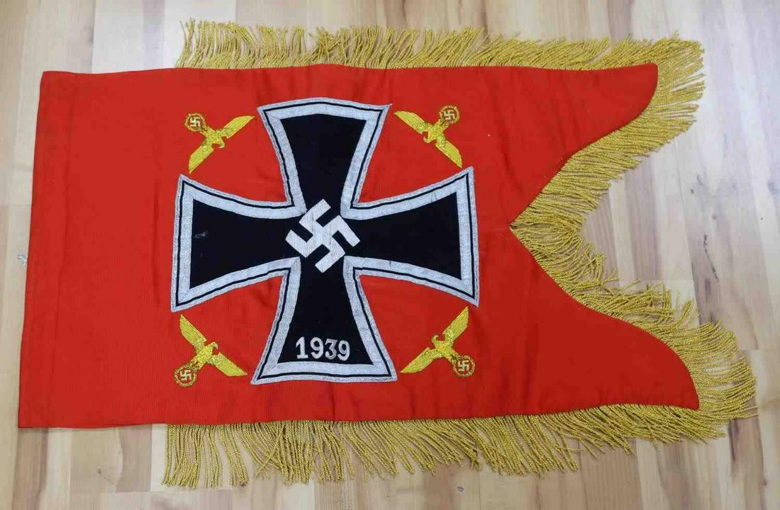 WWII GERMAN FUHRER STANDARTE SWALLOW TAIL BANNER: Well crafted double sided multi piece, bullion fringe and Reichsadler, the edge of the swastika fluoresces, measures 17 by 31 inches. Unauthenticated sold as is.