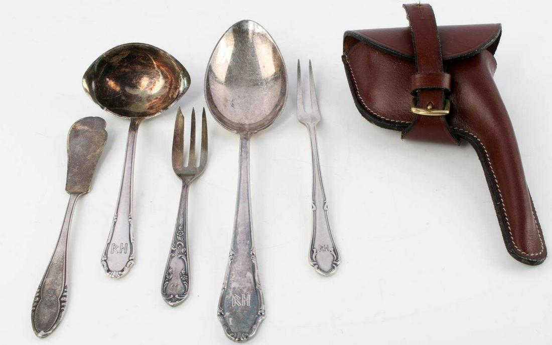 WWII GERMAN THIRD REICH WAFFEN SS SILVERWARE: Waffen SS silverware with leather holster. Most of the silverware has SS runes with some having RH initials for Reinhard Heydrich. Measurements range 6 1/2 - 9 3/4 inches. Very good condition. Unauthe