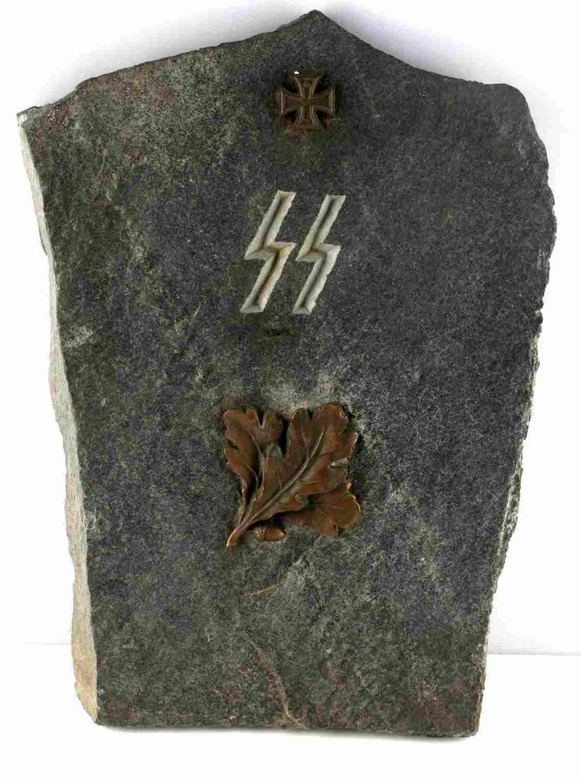 WWII GERMAN THIRD REICH SS HEADSTONE FANTASY PIECE: Fantasy piece headstone for an SS officer. Has sig runes carved into the top. Has a set of brass oak leaves in the middle and at the very top a WWI Iron Cross. Measures roughly 14 X 20 inches. Weighs 