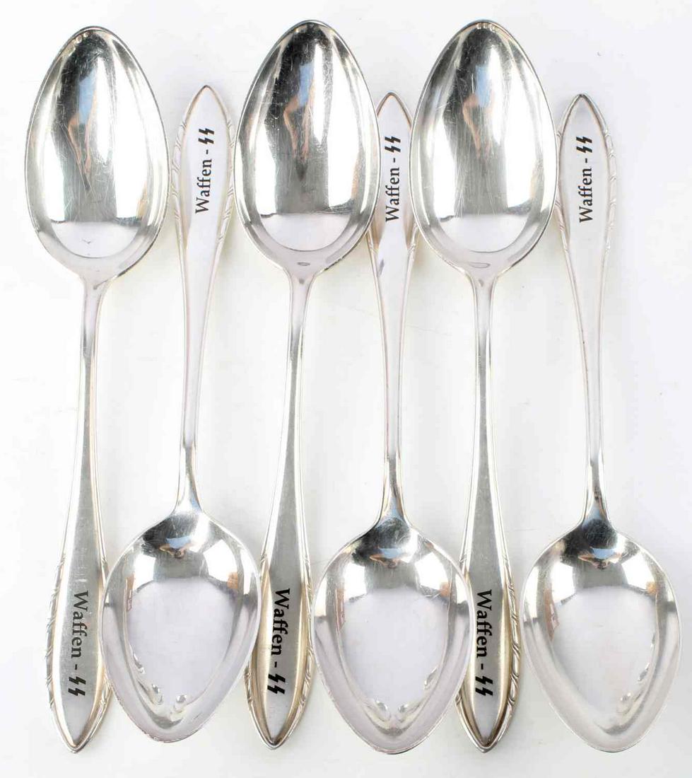 LOT OF 6 WWII GERMAN THIRD REICH WAFFEN SS SPOONS: All 6 marked 45 90 Alpaka Silber. Waffen SS is engraved on the handle of each. Unauthenticated, sold as is. This lot has a reserve.