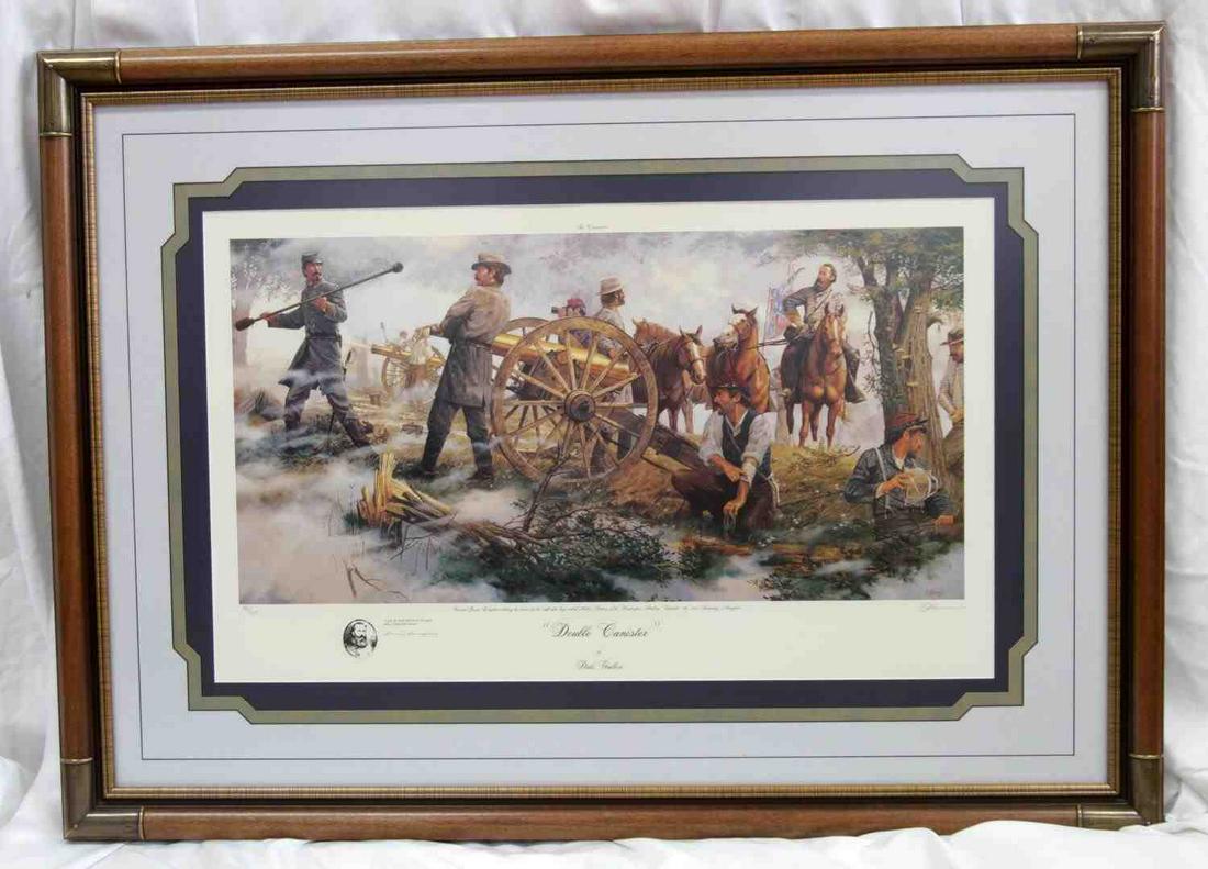 DALE GALLON DOUBLE CANISTER 821/950 CIVIL WAR LITH: Dale Gallon, operating out of Gettysburg, began painting Civil War prints since 1980. "Double Canister" is dated 1987. This piece features Confederate soldiers loading and firing cannon with a General
