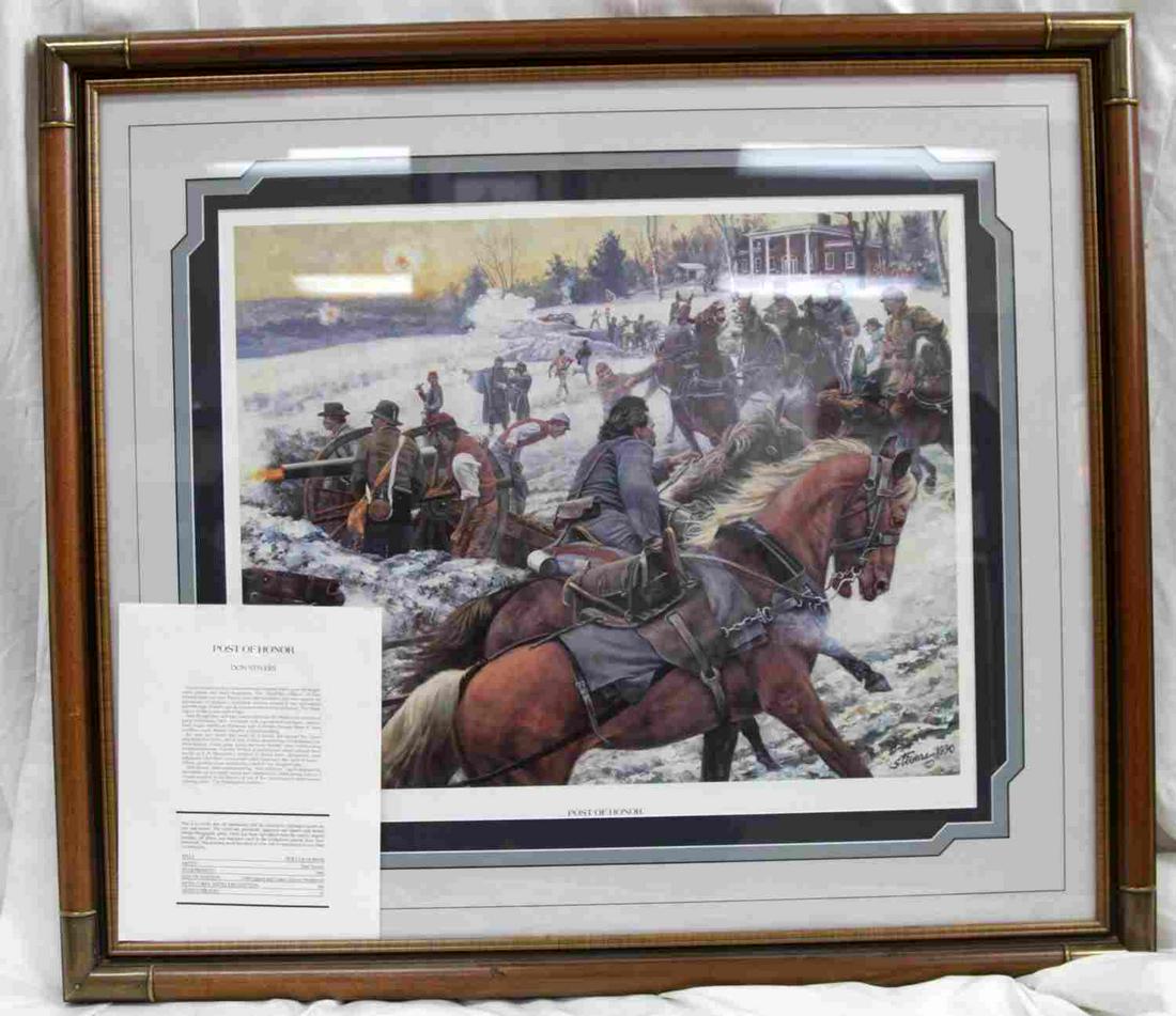 DON STIVERS POST OF HONOR CIVIL WAR LITHOGRAPH: WWII veteran Don Stivers' (1926-2009) Civil War print Post of Honor Lithograph. This work features confederate soldier fighting in winter on a snow covered battlefield with men on horse back, cannon, 