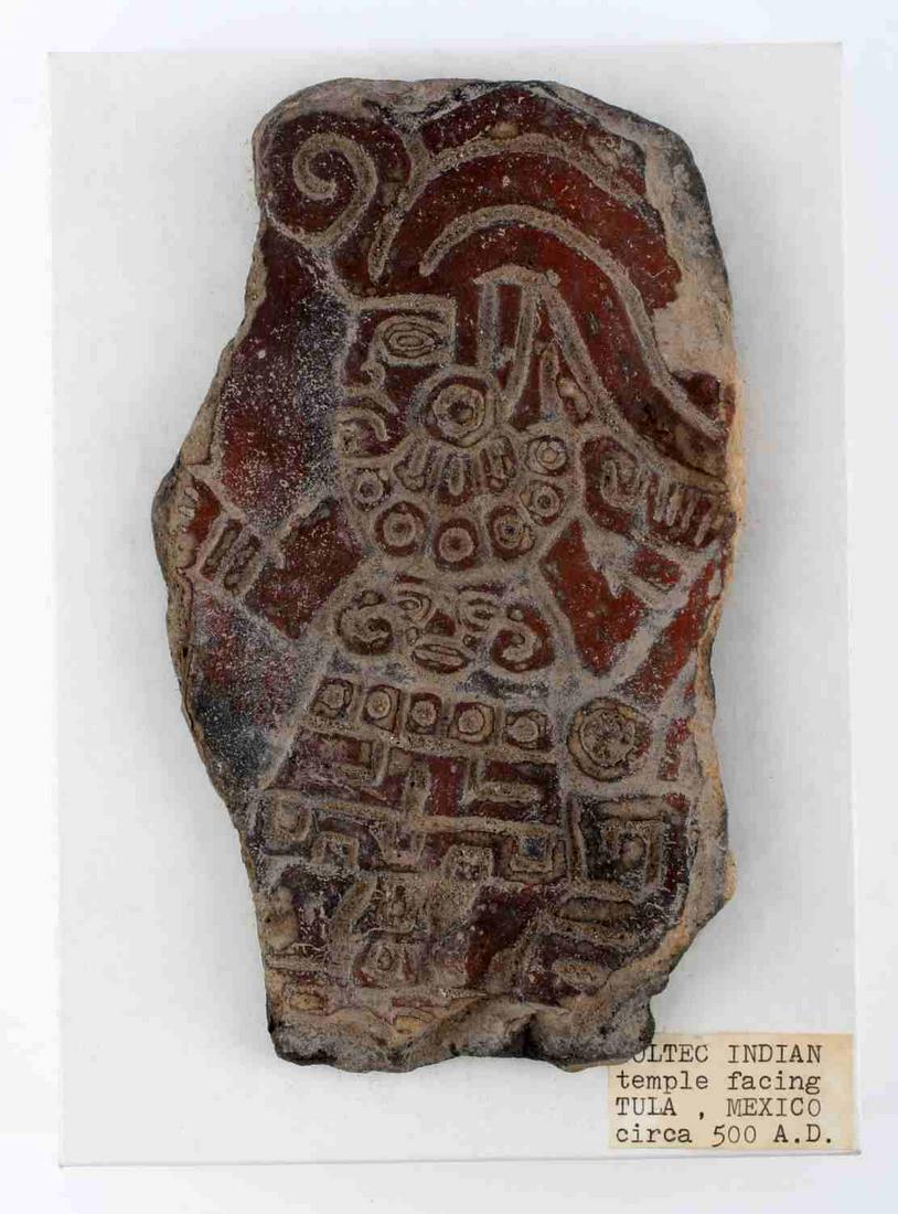 PRE COLUMBIAN NATIVE AMERICAN TOLTEC TILE PIECE: Native American Toltec tile piece. Features figurine holding a scepter and dressed in ceremonial garb with headdress. Dated to 500 AD. Very good condition. Measures 6 1/4 inches.