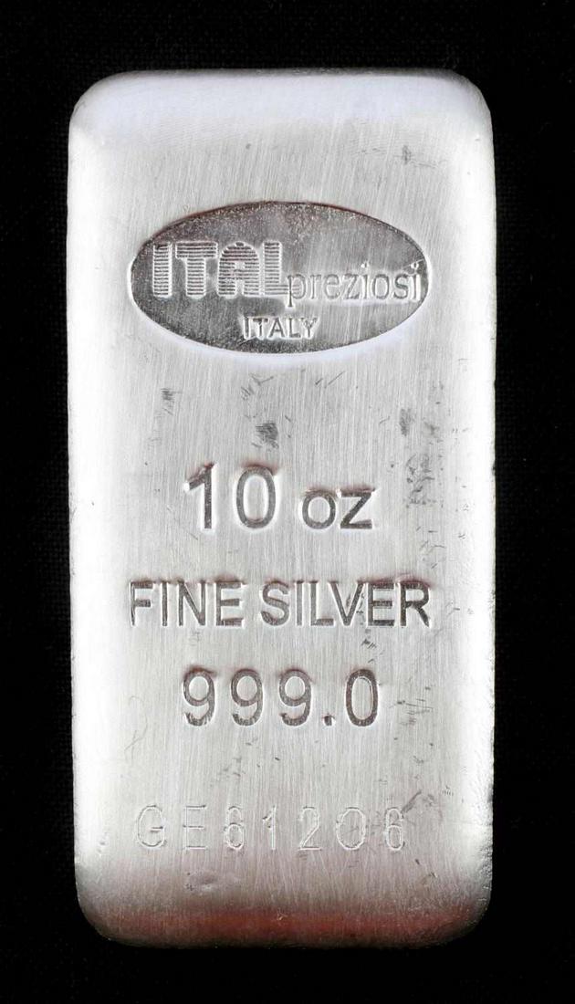 10 OZT FINE SILVER BULLION BAR: ITAL preziosi refined 10 troy ounce .999 silver bar serial no GE61206