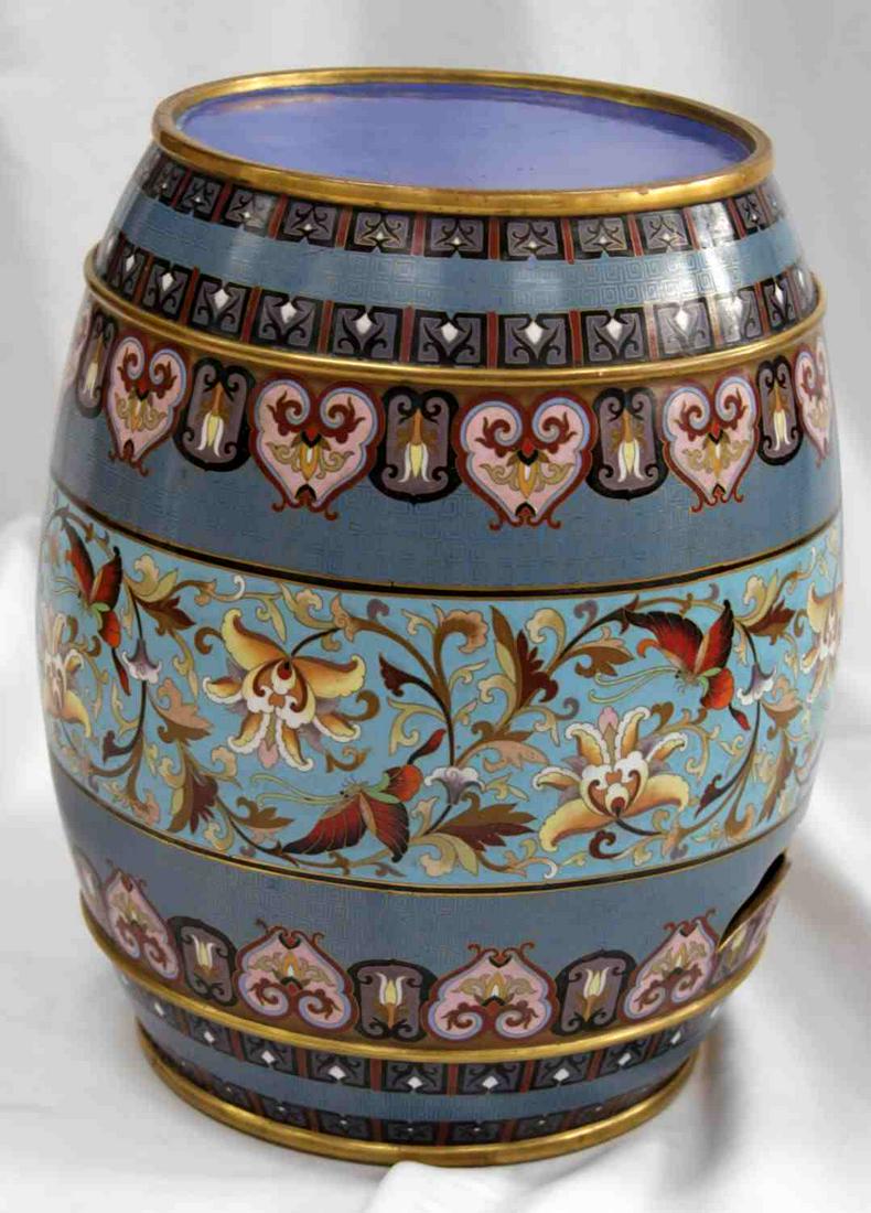 MID CENTURY VINTAGE CHINESE CLOISONNE STOOL: Floral, butterfly pattern. Stands 16.5 inches tall with a 10 inch top diameter. Open grip handles. Very good condition.