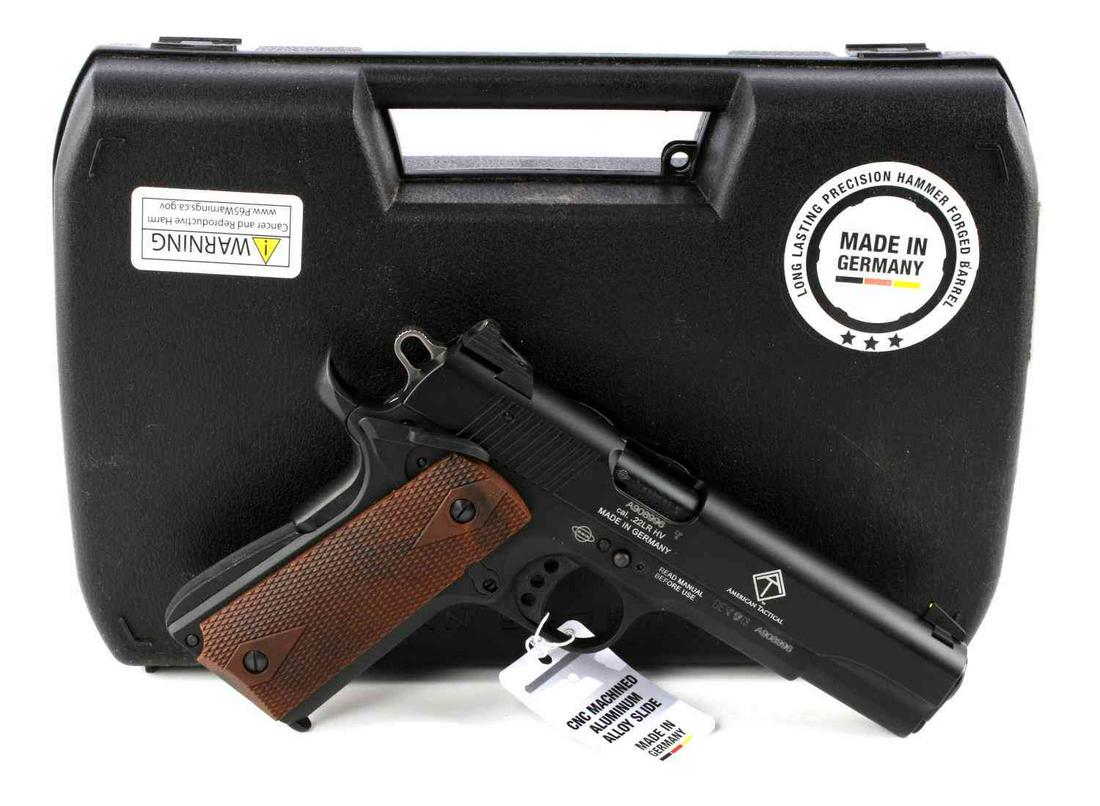 GERMAN SPORT GUNS 1911 SEMI AUTO PISTOL .22 NEW: GSG American Tactical 1911 in .22 LR. Clear markings with serial number to right side, 5 inch barrel with mint bore, comes with 10-rd magazine, manual, lock and key, and hard case. Requires FFL for tr