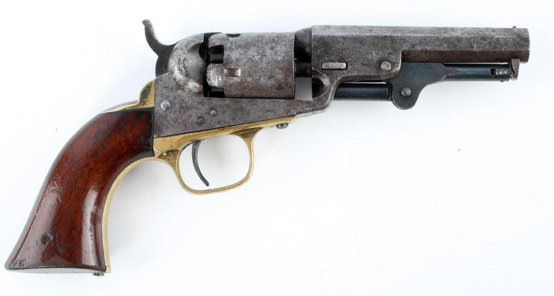 1849 POCKET COLT 31 CALIBER PERCUSSION REVOLVER: 1849 Pocket Colt 31 caliber single action percussion revolver. Dark bore but rifling still present. 4 inch barrel marked "Address Sam L Colt New-York U.S. America". Cylinder features an engraved stage