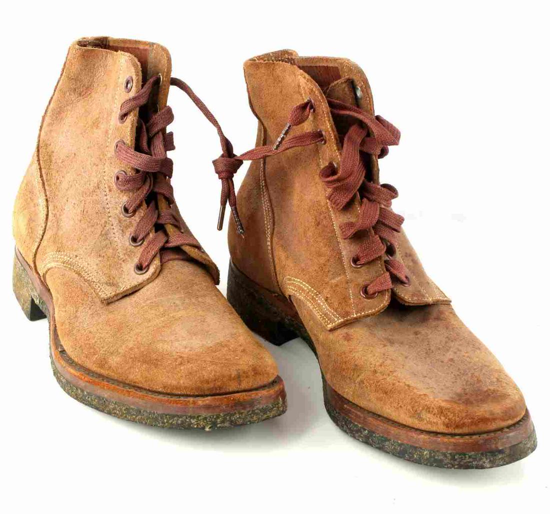 WWII USN / USMC BOONDOCKER COMBAT BOOTS SHOES: Dated June 17. 1948, 6 1/2 EE 24049 printed on interior. Middle portion of the sole of left shoe is missing. Provenance : Heritage Military Museum collection in Auburn Indiana