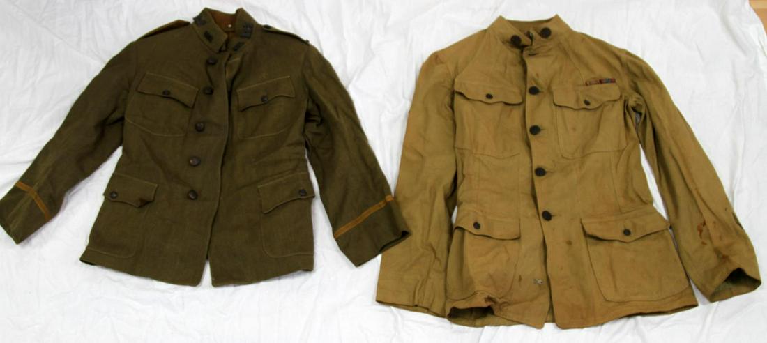 2 WWI ARMY CORP OF ENGINEERS AEF UNIFORM TUNICS: Winter weight First LT. with Corp insignia and service chevrons, mothe free with Corp buttons, small size. The second a summer weight, Sgt. with 90th infantry patch, corp and US pan insignia, service