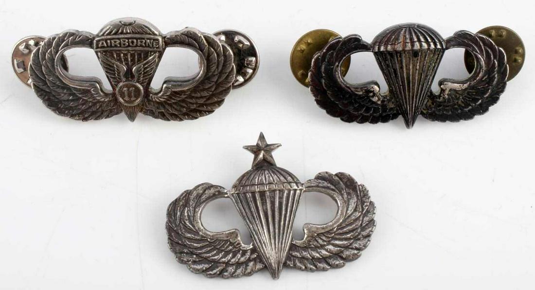 3 WWII AIRBORNE JUMP WINGS W PHILLIPS PUBLICATION: All stamped sterling and includes and unusual Phillips Publication Airborne !! written atop chute, unusual, Meyer badge, and senior missing luggs,