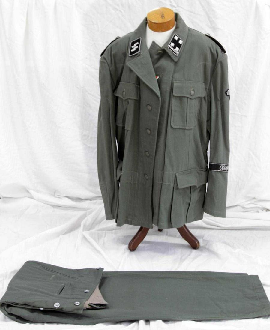 WWII GERMAN THIRD REICH M42 HBT SS OFFICER UNIFORM: Moth free tunic and trousers, late war entry Herring Bone Twill uniform, reed green, 6 button pebble button front, SS Oberstumbann Fuhrer, Wolf cuff title, SS eagle sleeve, does not fluoresce, unmarke