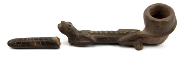 FIGURAL CLAY PIPE EXCAVATED IN NORTH GEORGIA MTNS: Small hand made clay pipe, excavated in the mountains of North Georgia, near Ellijay. Approximately 6.5 inches long overall. Stem is in the shape of a lizard with some damage. Overall good condition.