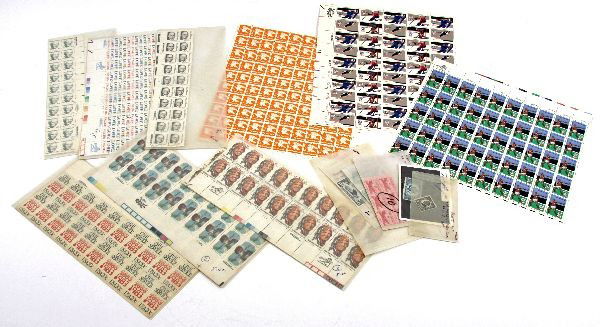 VARIOUS STAMP MINT SHEETS AND PLATE BLOCKS: A grouping of general plate blocks, individual mint stamps and sheets. The mint sheets are folded over but remain with full gum.