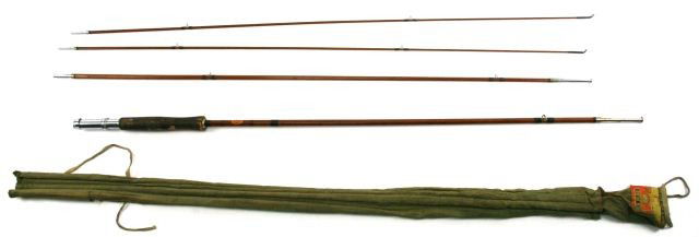 1940'S SOUTH BEND SPLIT BAMBOO FLY FISHING ROD: 1940'S vintage split bamboo fly fishing rod, manufactured by South Bend tackle company. In excellent condition, with original metal tube and fabric sleeve.