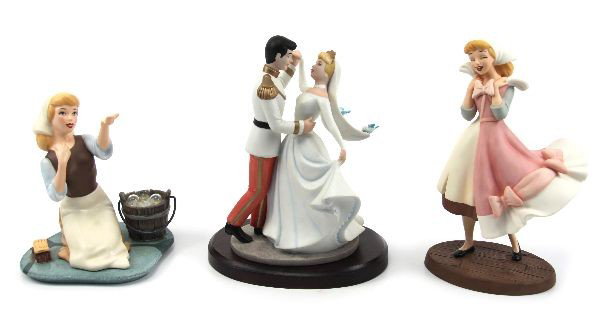 WALT DISNEY PORCELAIN CINDERELLA FIGURINE LOT OF 3: A collection of 3 Disney porcelain figurines from the movie Cinderella, including: "They Can't Stop Me From Dreaming", "Oh, Thank You So Much", and a45th anniversary Cinderella and the Prince dancing 