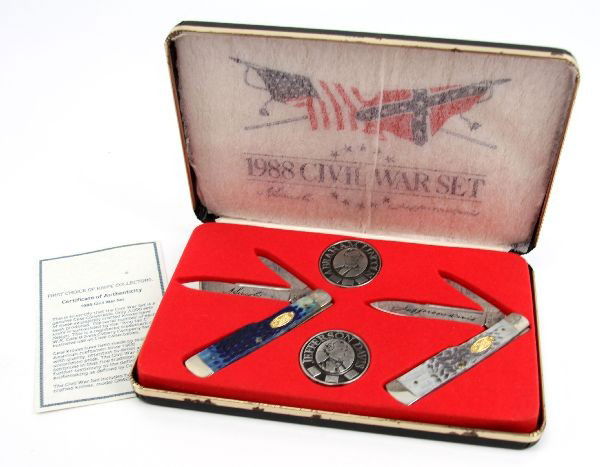 1988 CIVIL WAR COMMEMORATIVE KNIFE SET BY CASE: 1988 Case Civil War Commemorative folding knife set. Two folding pocket knives, engraved with the signatures of Abe Lincoln, and Jefferson Davis, with a medallion for each. In original packaging with