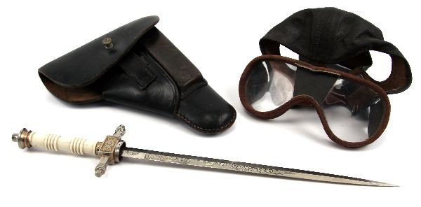 WWII GERMAN HOLSTER SOLINGEN DAGGER: Lot of items to include a WWII holster for a small German pistol, such as a Mauser or Walther. Also, a dagger with naval engravings, marked E F Horster, Solingen. Appears to be possibly reproduction. 