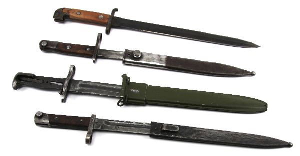 LOT OF FOUR VARIOUS BAYONETS: An Austrian model 1895 FG GY bayonet with steel scabbard, Unmarked K98 Mauser bayonet (Turkish?), a US M-1 Garand bayonet, with no grips on handle, and one other unmarked bayonet, with replaced wood g