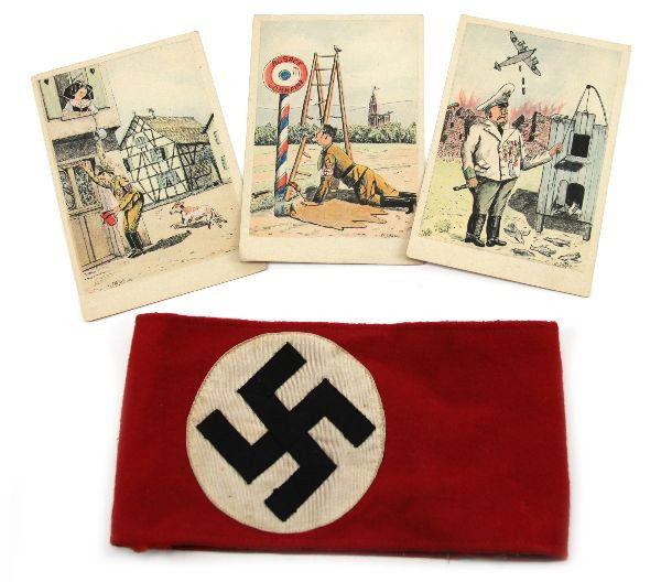 WWII GERMAN ARMBAND WITH INSIGNIA PLUS POSTCARDS: Felt armband with sewn white cotton circle and applied fold stitch Swastika. Some hem stitching loose and two moth holes to back. minor soiling. Condition is age appropriate. Also included are three F
