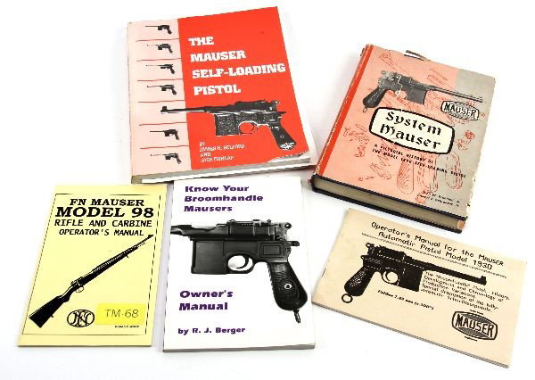 LOT OF BOOKS AND INFORMATION ON BROOMHANDLE MAUSER: Three reference books on the Model 1896 "broomhandle" Mauser pistol, and subsequent variants and similar models. Also included is an operators manual for a Model 1930 broomhandle, as well as for the K