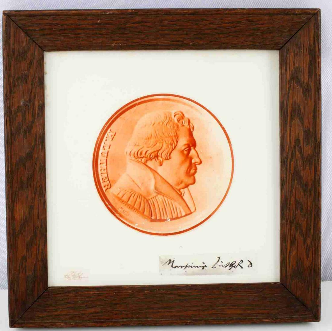 STOKE ON TRENT PORTRAIT TILE MARTIN LUTHER: 19th Century English Stoke on Trent portrait effigy tile of Martin Luther bust. Framed and in very nice condition. Dimensions: framed 8x8, tile 6x6 inches.