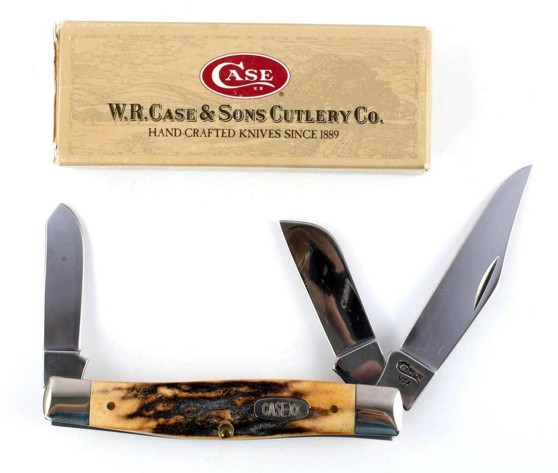 1998 CASE POCKET KNIFE LG STOCKMAN SS: Pre owned, like new in original box. Vintage 1998 Module 1 large stockman. 01721 5375 with bone/antler handle and 3 stainless steel blades.