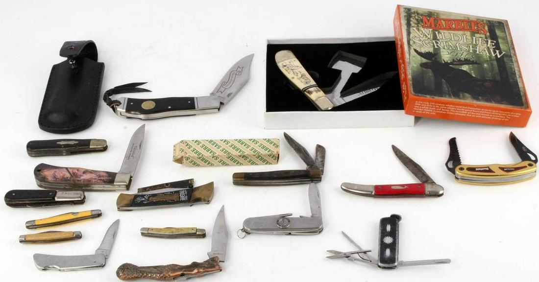 LOT OF 16 VINTAGE FOLDING POCKET KNIVES ASSORTED: Different styles, materials, most are multi-blade, one scrimshaw in box, one leather holster, various condition.