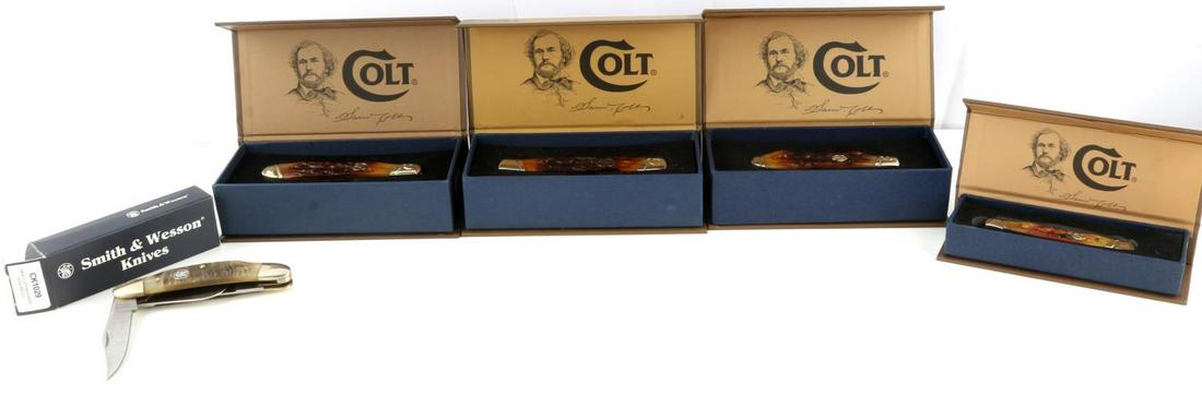 COLT AND SMITH & WESSON POCKET KNIFE LOT OF 5: Pre owned, like new in original boxes. Lot includes S&W Cuttin Horse Sow Belly and 4 discontinued Ct model pocket knives numbers: CT206, CT212, CT323 and CT331.