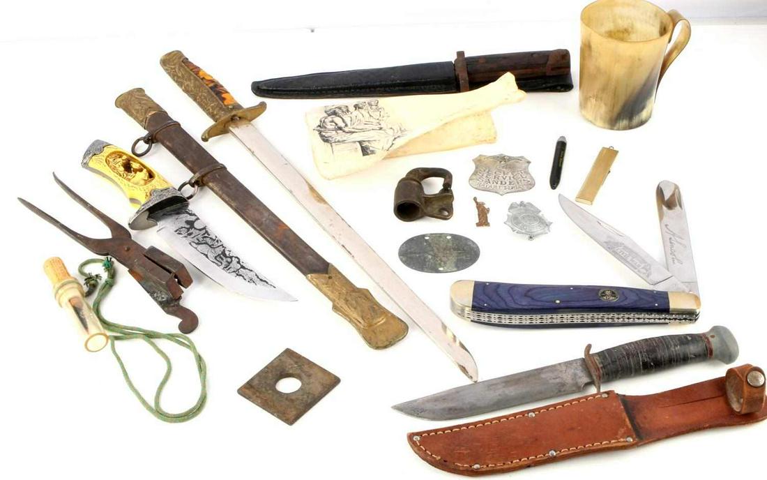 MIXED GENERAL COLLECTIBLES LOT KNIFE MOLD CUP MORE: Mixed lot includes: deer scapula with Native American image printed, Faulk's goose call, RACO railroad triangle signal box screw lock, fixed blade knife with faux scrimshaw, short sword with brass fit