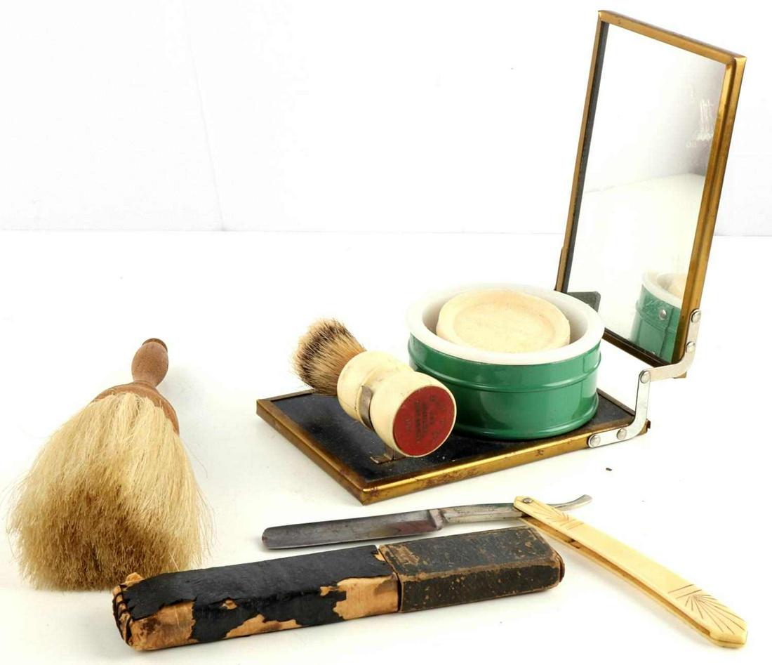 ANTIQUE BARBER SHAVING SET CLAUSS RAZOR: Made Rite shaving brush, boxed straight razor, mirror stand, with soap, all very good original condition.