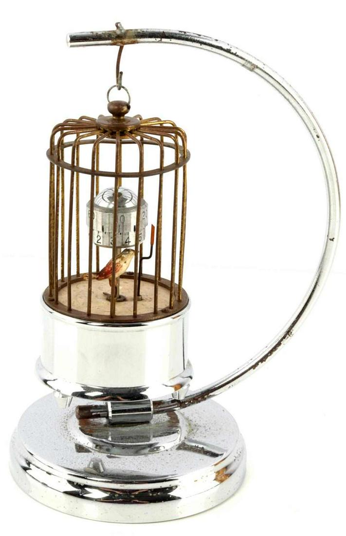 ANTIQUE GERMAN BIRDCAGE AUTOMATION ALARM CLOCK: Early 1900's Kaiser Germany mechanical Automation Birdcage alarm clock with stand. In working condition, may need servicing, with some wear to surface finishes. Height on stand 8 1/4 inches.