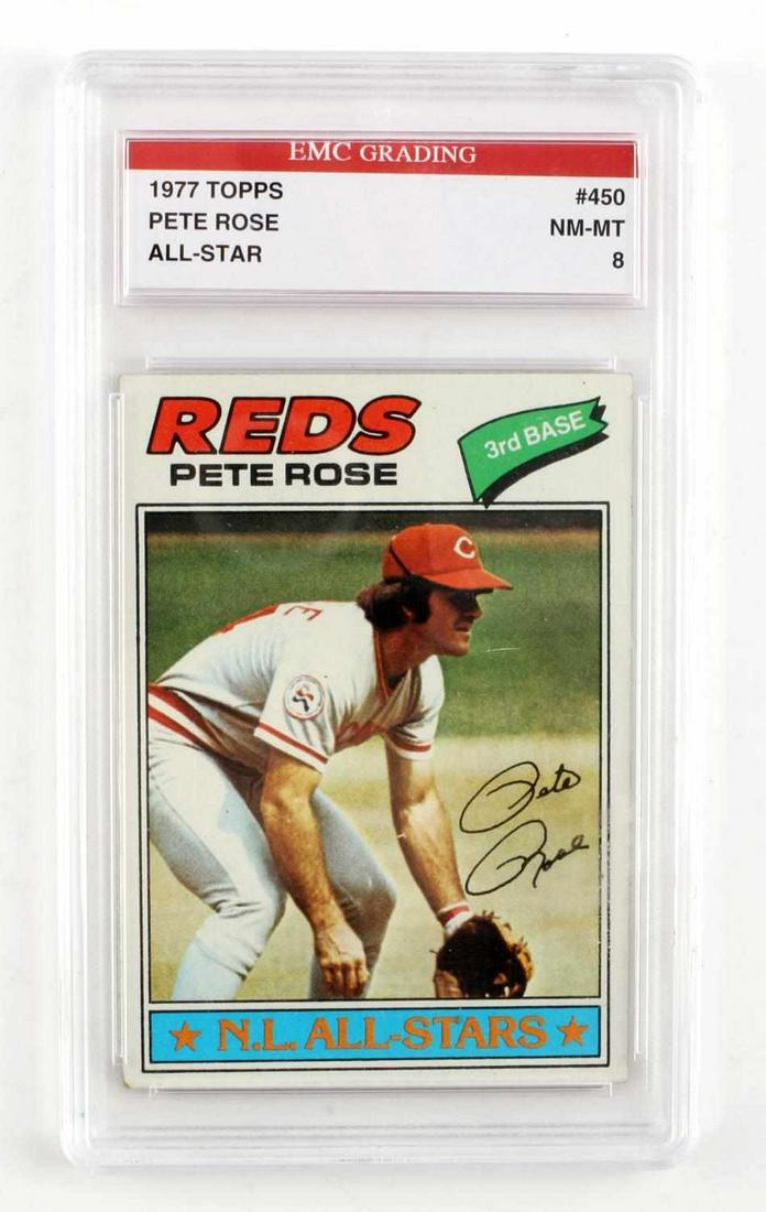 1977 TOPPS PETE ROSE #450 NM-MT GRADED CARD: #450 Pete Rose All Star NM-MT 8 card graded by EMC Grading.