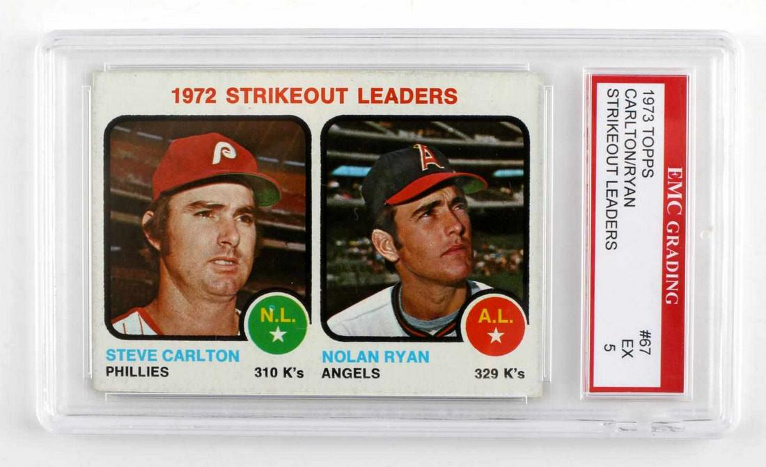 1973 TOPPS CARLTON/RYAN STRIKEOUT GRADED CARD: EMC (Encapsulated Memories Company) 1972 Strikeout Leaders Steve Carlton and Nolan Ryan graded card. #67 EX 5