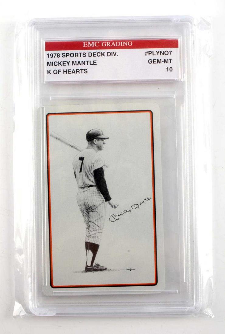 1978 SPORTS DECK DIV. MICKEY MANTLE GRADED CARD: 1978 Sports Deck Division Mickey Mantle King of Hearts #PLYNO7, GEM-MT, 10, Encapsulated Memories Company (EMC) graded.