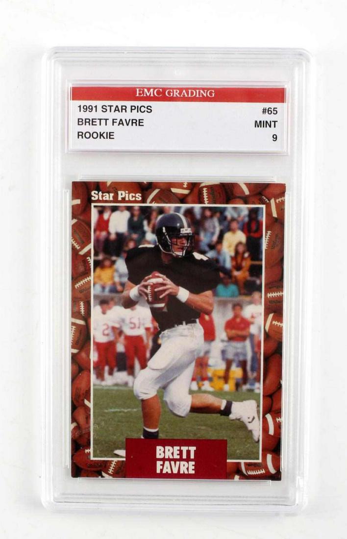 BRETT FARVE MINT GRADED 1991 STAR PICS ROOKIE CARD: 1991 Star Pics Brett Farve Rookie Card, Graded Mint, #65, 9. Graded by EMC (Encapsulated Memories Company)
