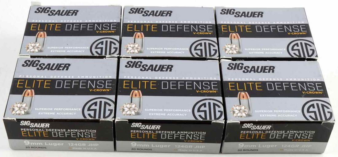 120 ROUNDS 9MM LUGER 124GR AMMUNITION HANDGUN AMMO: 120 Rounds 9mm Luger 124 Grain Ammunition. Sig Sauer ELITE DEFENSE V-Crown ammo. 6 full and unopened boxes of 20 rounds, total of 120 rounds.