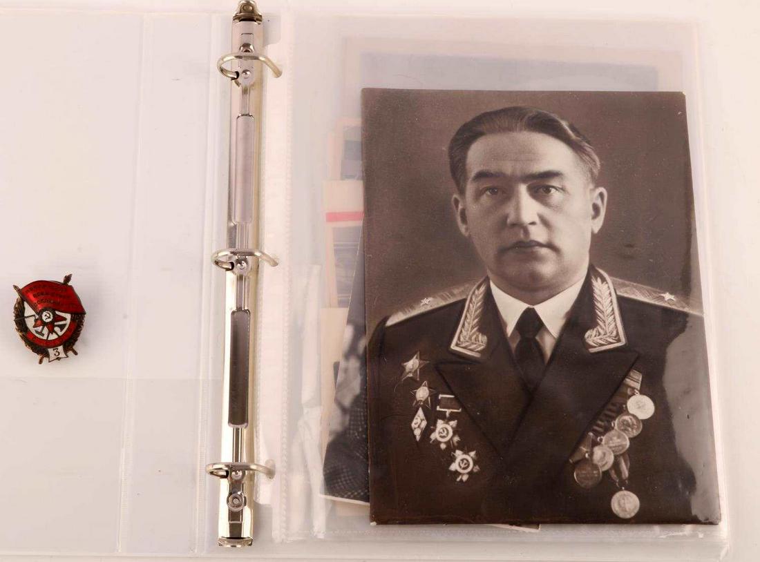 SOVIET RUSSIAN USSR RED STAR MEDAL PHOTOS EPHEMERA: Soviet Russian USSR Red Star Medal, Photographs and Ephemera lot includes; (1) Soviet Red Star Medal - Order Hero of the Revolutionary Movement, measures approx. 1.5 X 1.75 inches. Brass, red and whit