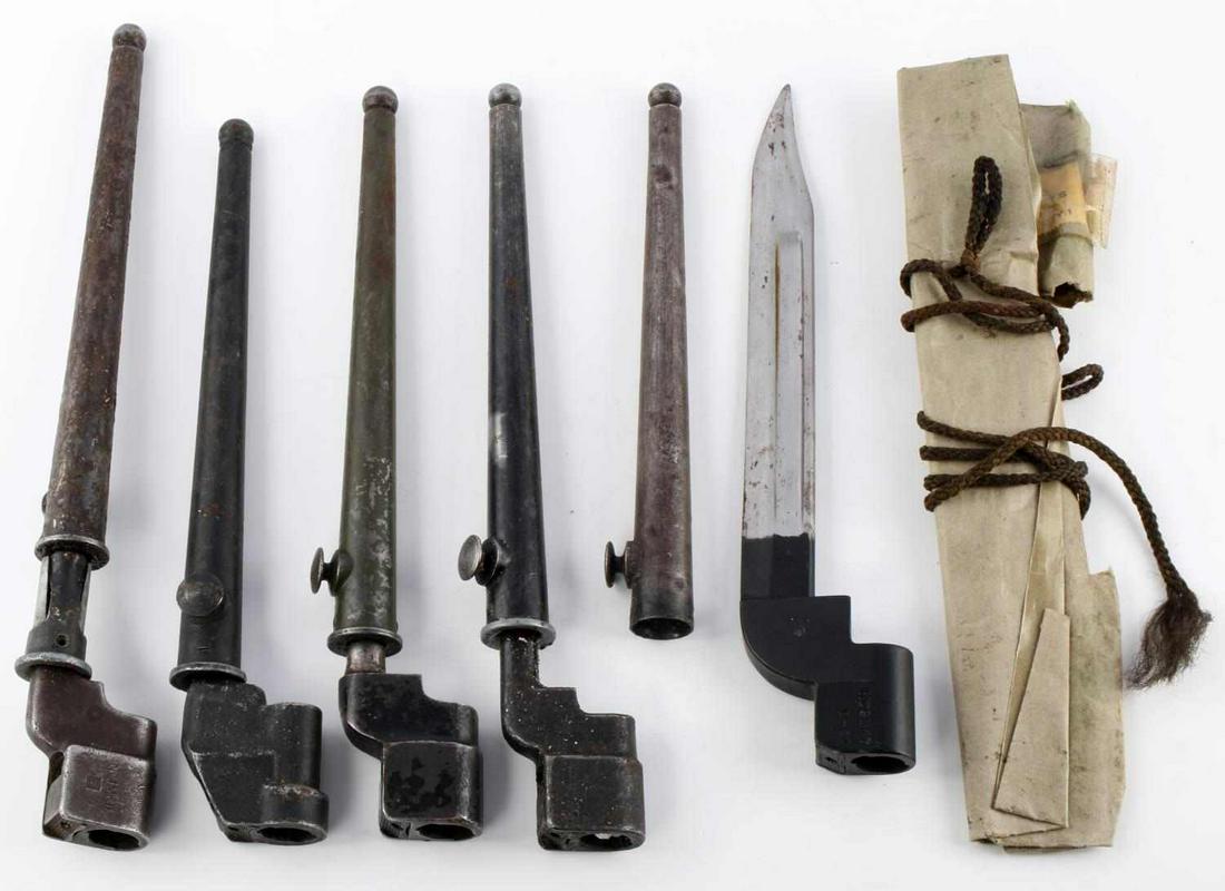 LOT OF 5 BAYONETS FOR VINTAGE WWI WWII RIFLES MK I: Lot of 5 Bayonets for Vintage Rifles. Markings visible includes; (1) "No 4 MK I 5.2 BB," (1) "No 4 19.." and (1) NO 9 MK I D-51, other two do not have visible markings without cleaning. One bayonet is