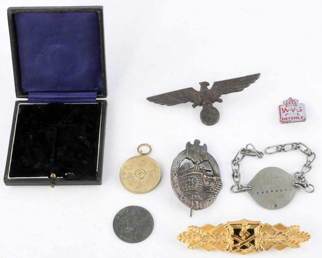 WWII THIRD REICH GERMAN BADGE MEDAL LOT OF 8: Lot includes: Panzer Assault badge (Sa), Veterans eagle badge (23 Ges Gesch), Carel Rene 1924 bracelet or anklet, WVS Civil Defense pin, War Merit medal, 1916 Great Britain Penny - George V, gold tone