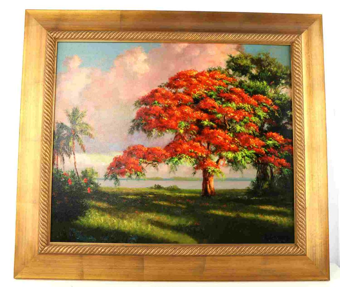 A E BACKUS ORIGINAL INDIAN RIVER SCHOOL PAINTING: Original oil on canvas by Albert Ernest Backus (January 3, 1906 – June 6, 1990) American, also known as Beanie Backus, and seminal Florida landscape painter. He is also credited with teaching art to