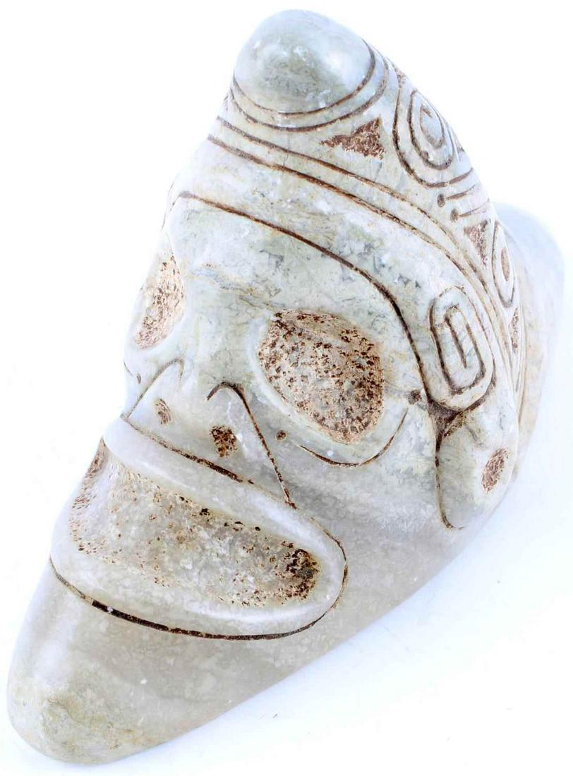 PRE COLUMBIAN TAINO ANTHROPIC ZEMI YUCAHU: Taino. Anthropic Zemi, probably the primary male god, Yucahu. Traditional eye and mouth surrounds as well as a dog head nose and large headband. All typical Taino designs. The back of cone are differe