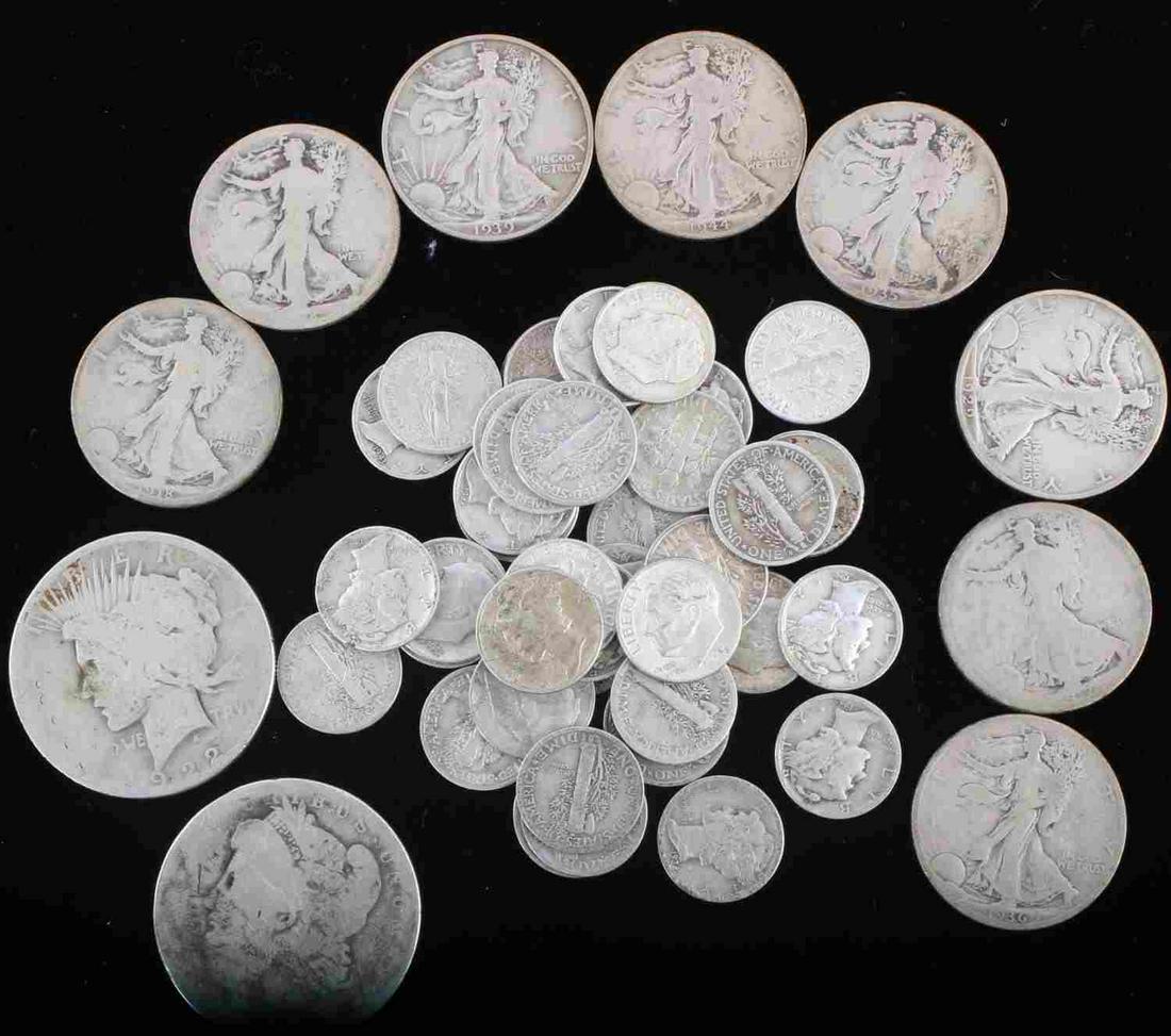 90% SILVER US COINS DOLLAR HALF AND DIMES $10 FACE: Lot includes 1 Peace dollar, 1 Morgan dollar, $4 face Walking Liberty half dollars and $4 face mix of Mercury and Roosevelt dimes.
