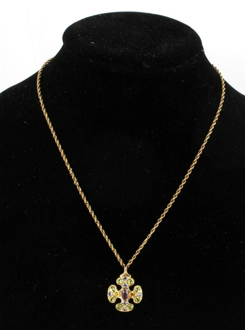 MULTI GEMSTONE 14K YELLOW GOLD CROSS NECKLACE: Amethyst, Peridot, Tanzanite, Citrine prong set in 14K yellow gold cross. Cross measures 30.6 millimeters from bail to bottom and 22.33 millimeters wide. Chain is rope style and measures 20 inches lon