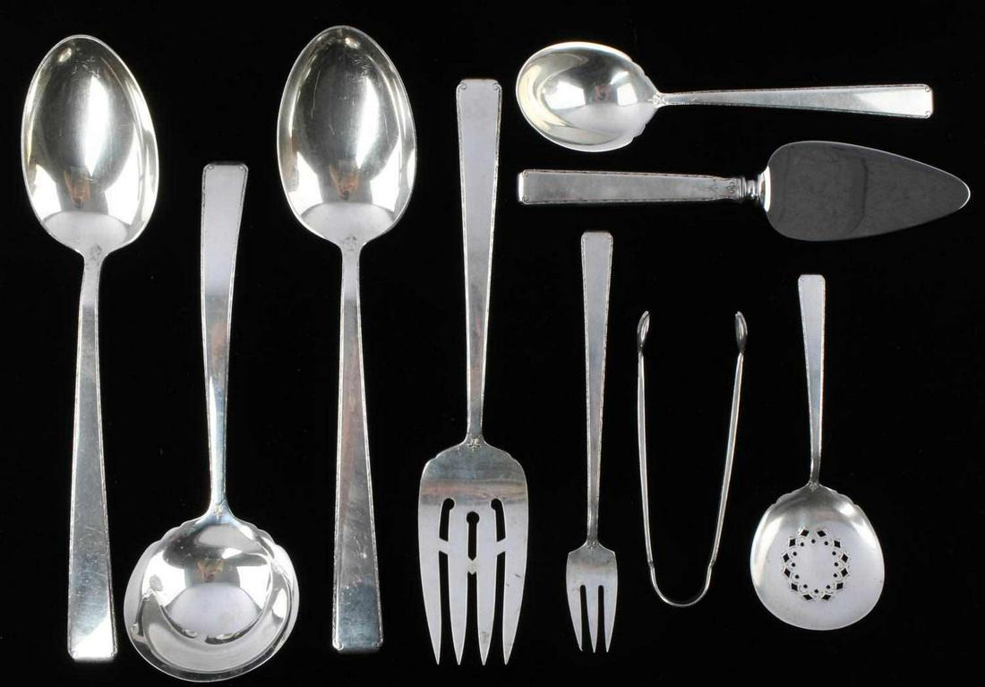 TOWLE OLD LACE STERLING SILVER SERVING PIECES: Circa 1939 Towle sterling silver server pieces include a Bon Bon , Medium Cold Meat, Pie w stainless blade, Laddle, Olive, Berry, Sugar and 2 Large Casserole spoons. Total weight 396 grams This lot ha