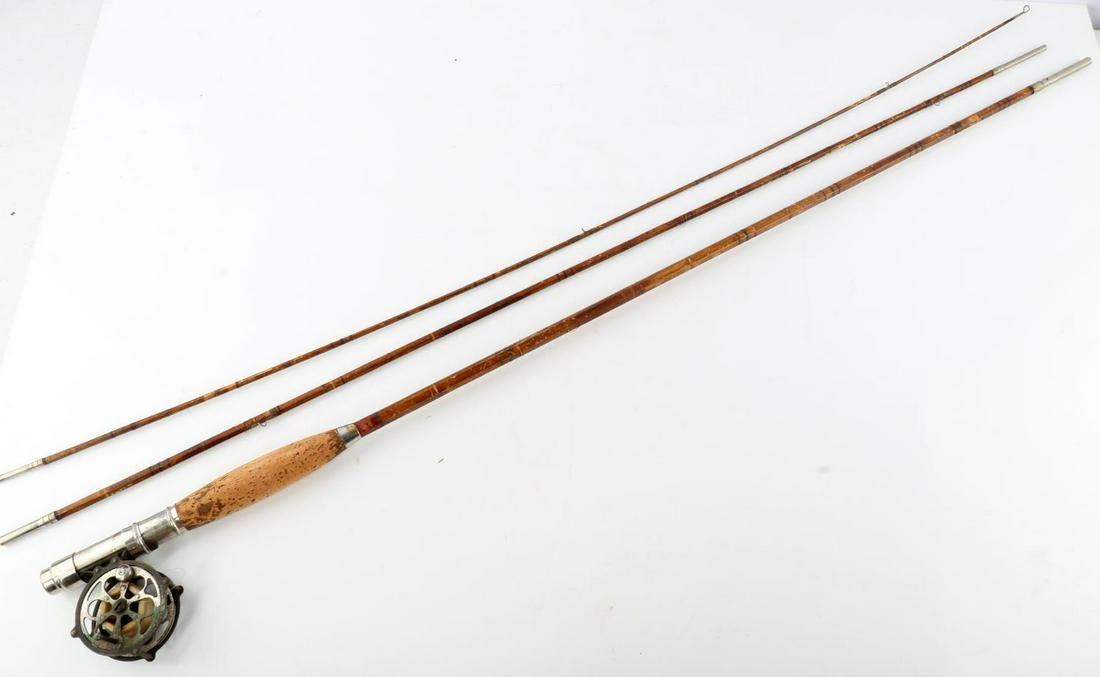 ANTIQUE BAMBOO 3 PIECE FLY FISHING ROD & REEL: 3-pc fly fishing rod with reel. Unknown maker. Each piece measures 37.5 inches long. Very good condition.